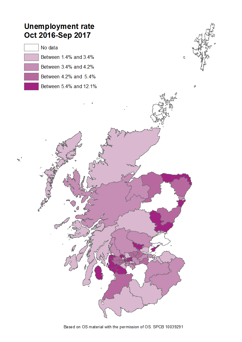 The unemployment rate for people aged 16 and over for each Scottish Parliamentary constituency.