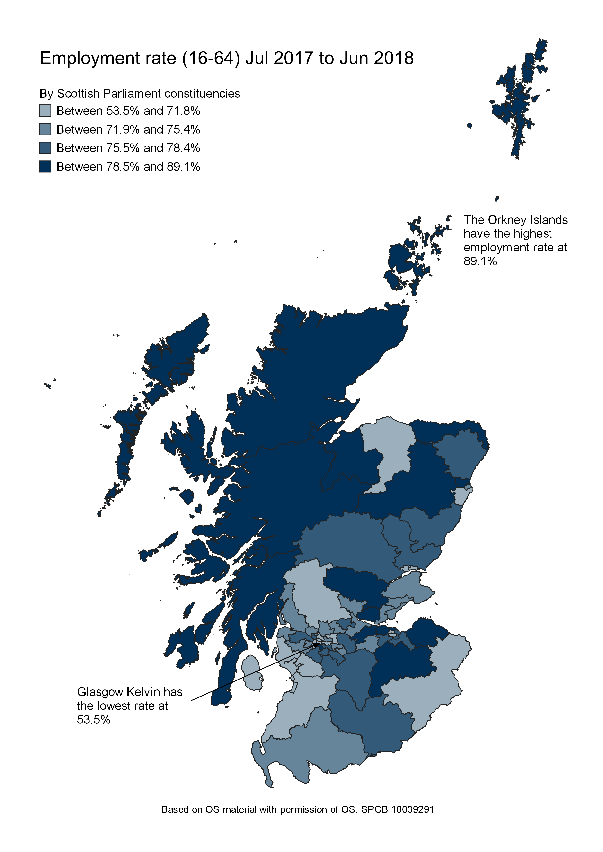 The employment rate for people aged between 16 and 64 over for each Scottish Parliamentary constituency.