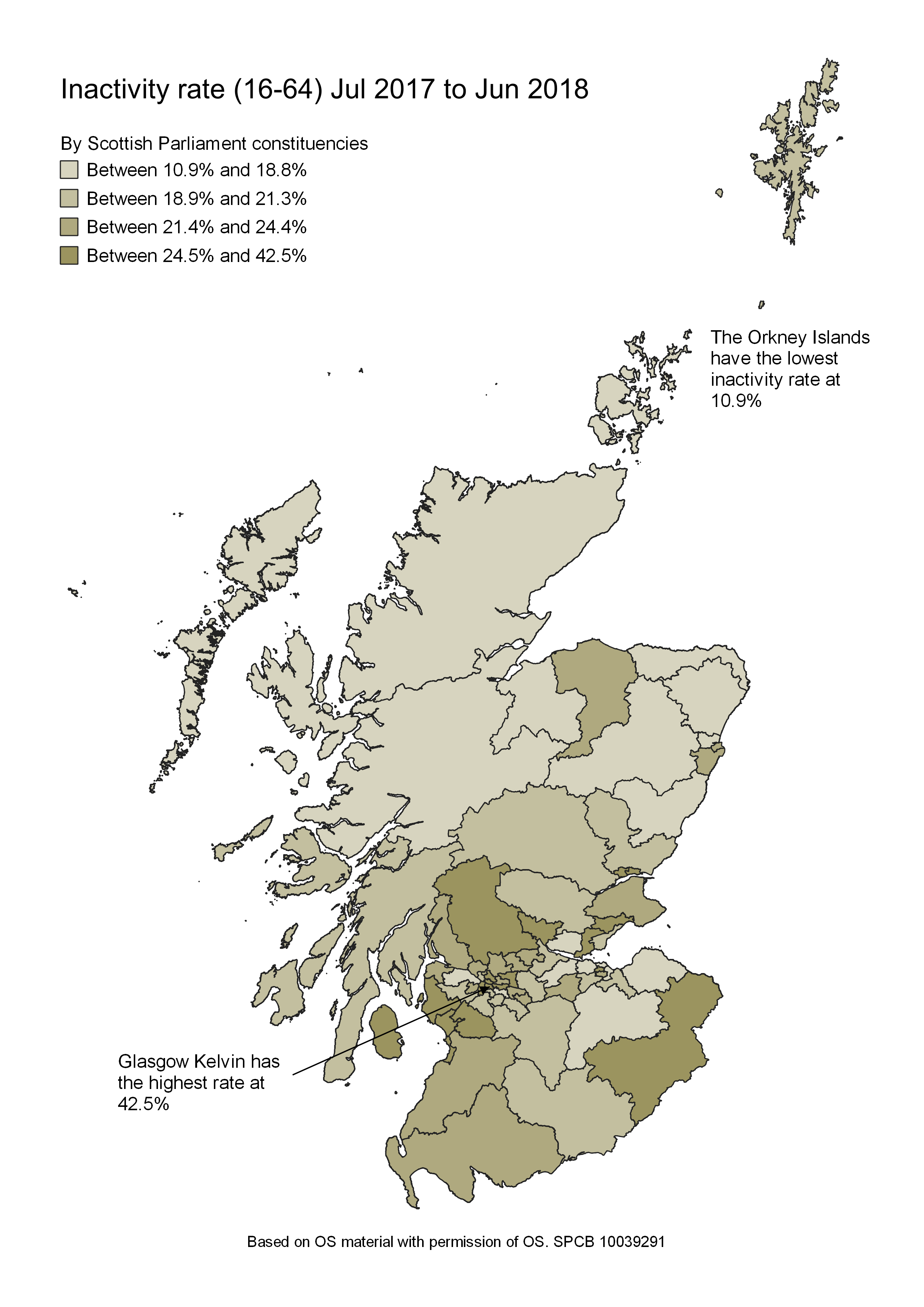 The inactivity rate for people aged between 16 and 64 over for each Scottish Parliamentary constituency.