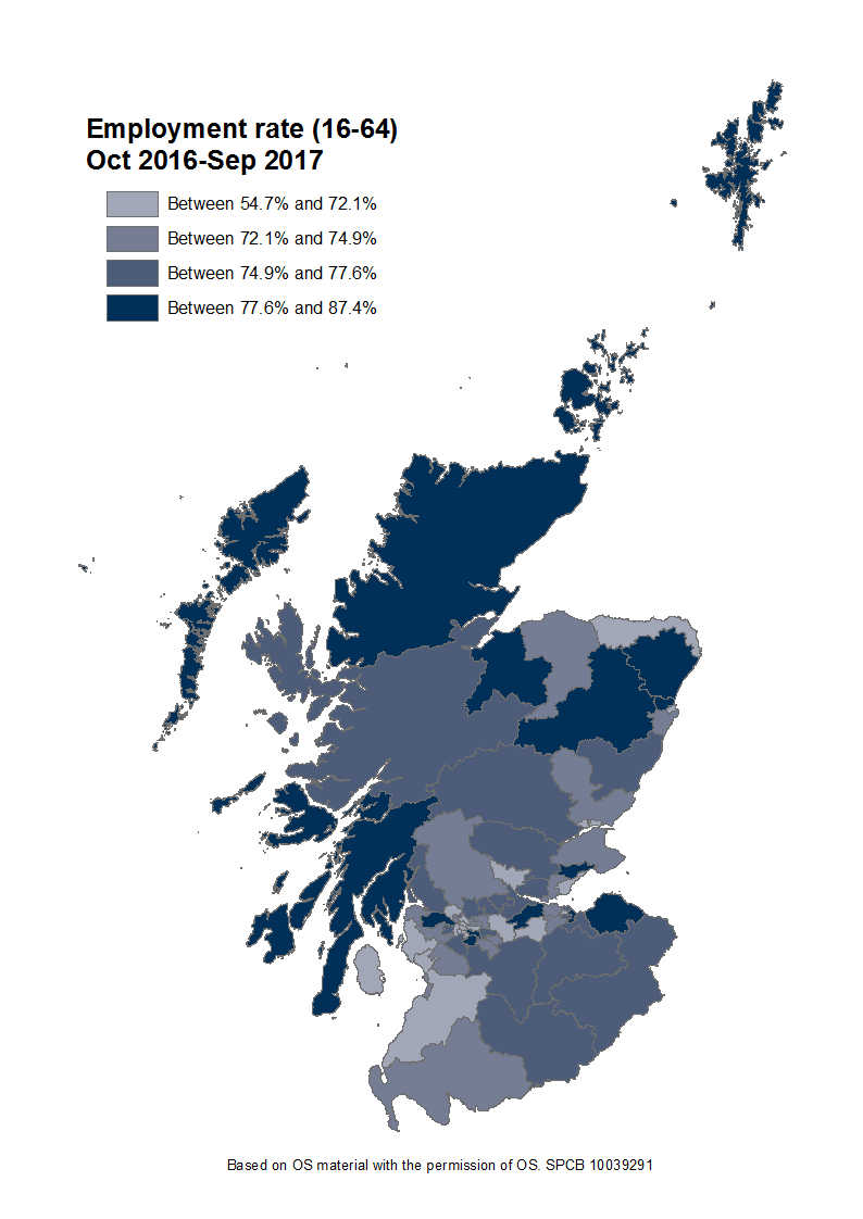 The employment rate for people aged 16 to 64 for each Scottish Parliamentary constituency.