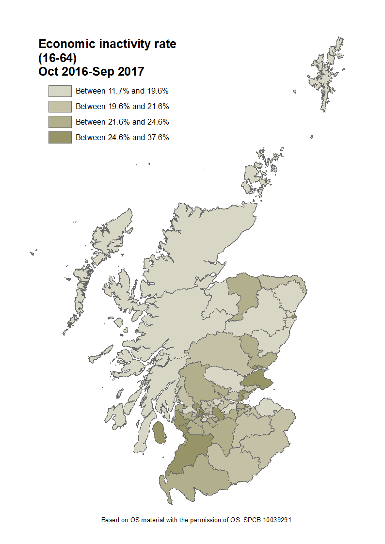 The economic inactivity rate for people aged 16 to 64 for each Scottish Parliamentary constituency.