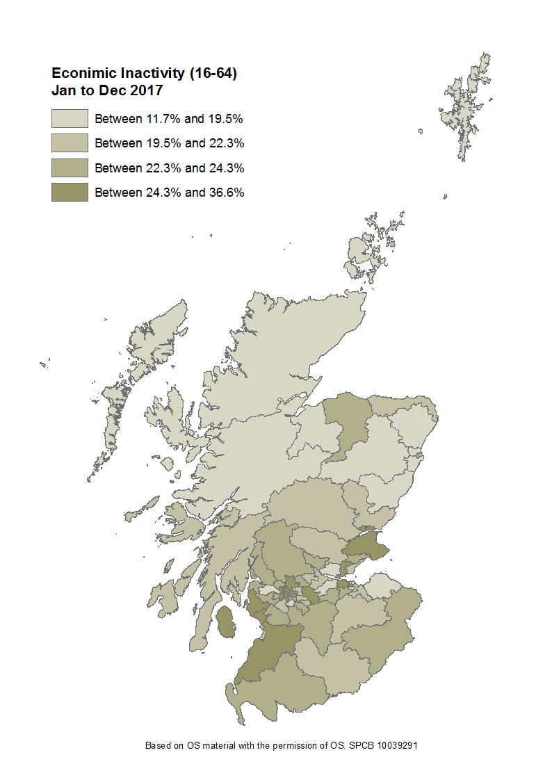 The employment rate for people aged 16 to 64 for each Scottish Parliamentary constituency.