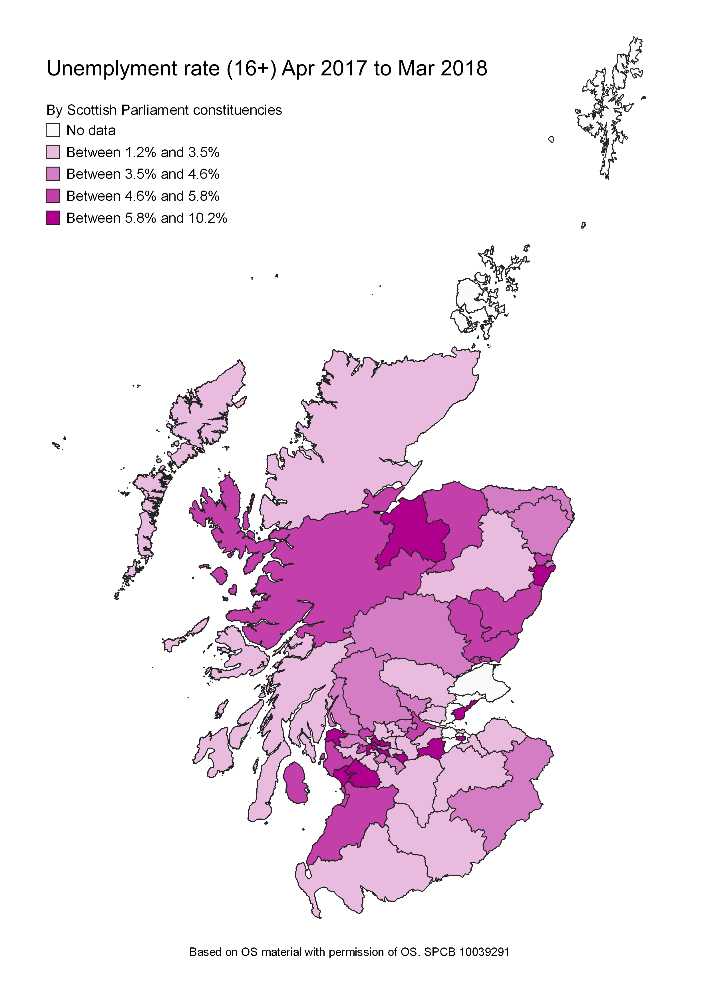 The unemployment rate for people aged 16 and over for each Scottish Parliamentary constituency.