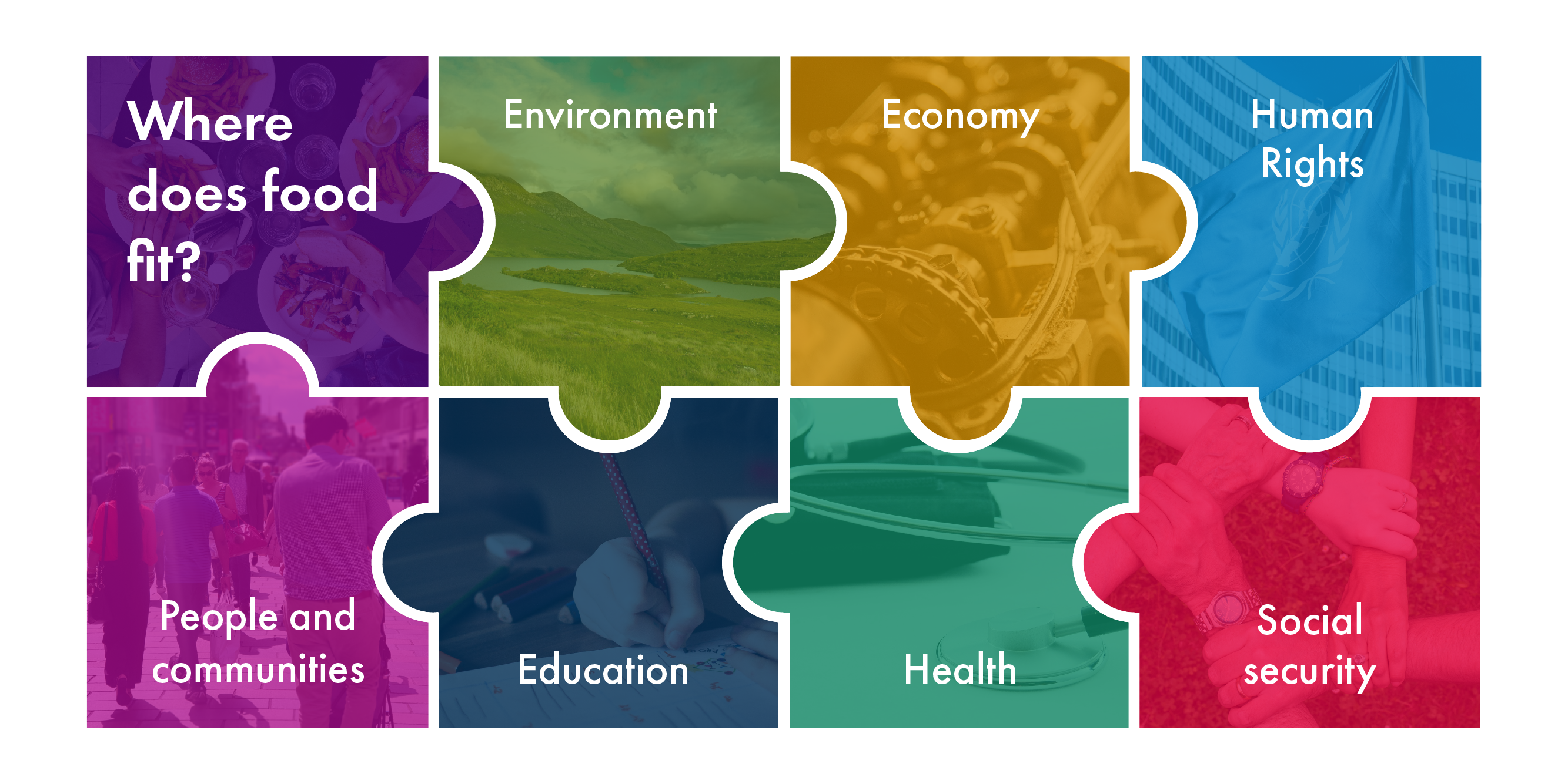 Image showing a jigsaw of different policy areas. The jigsaw asks "where does food fit" and highlights that environment, economy, human rights, people and communities, education, health and social security all relate to food.
