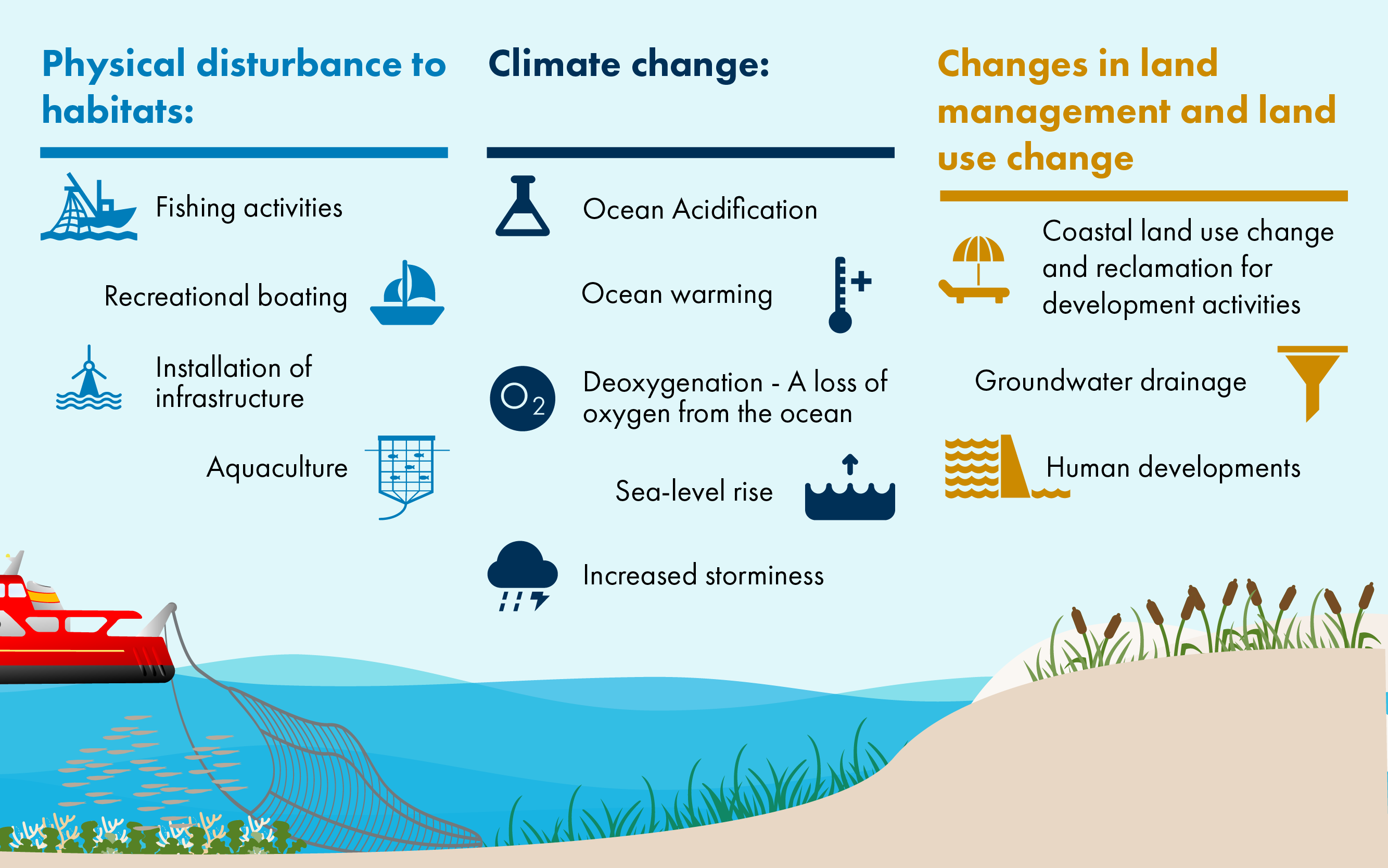 Infographic depicting the key threats to Scotland's blue carbon habitats and stores, categorised into: physical disturbances to habitats, climate change and changes in land management and land use change.