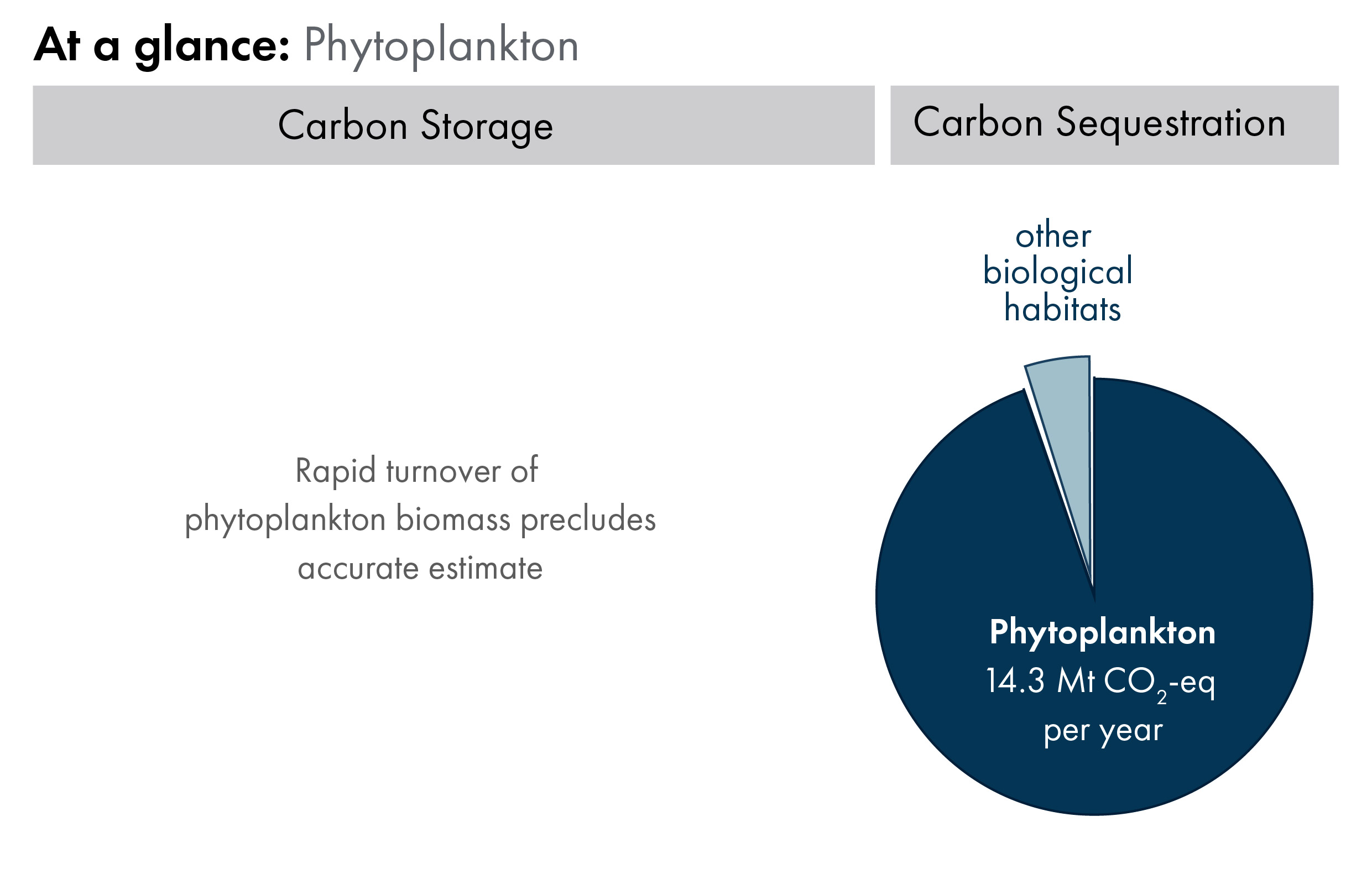Pie chart showing, out of all biological habitats, the proportion which is sequestered annually by phytoplankton. This is alongside statement which reads 'rapid turnover of phytoplankton biomass precludes accurate assessment [of carbon storage]'.