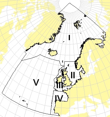 Map of the North-East Atlantic showing the five OSPAR regions.