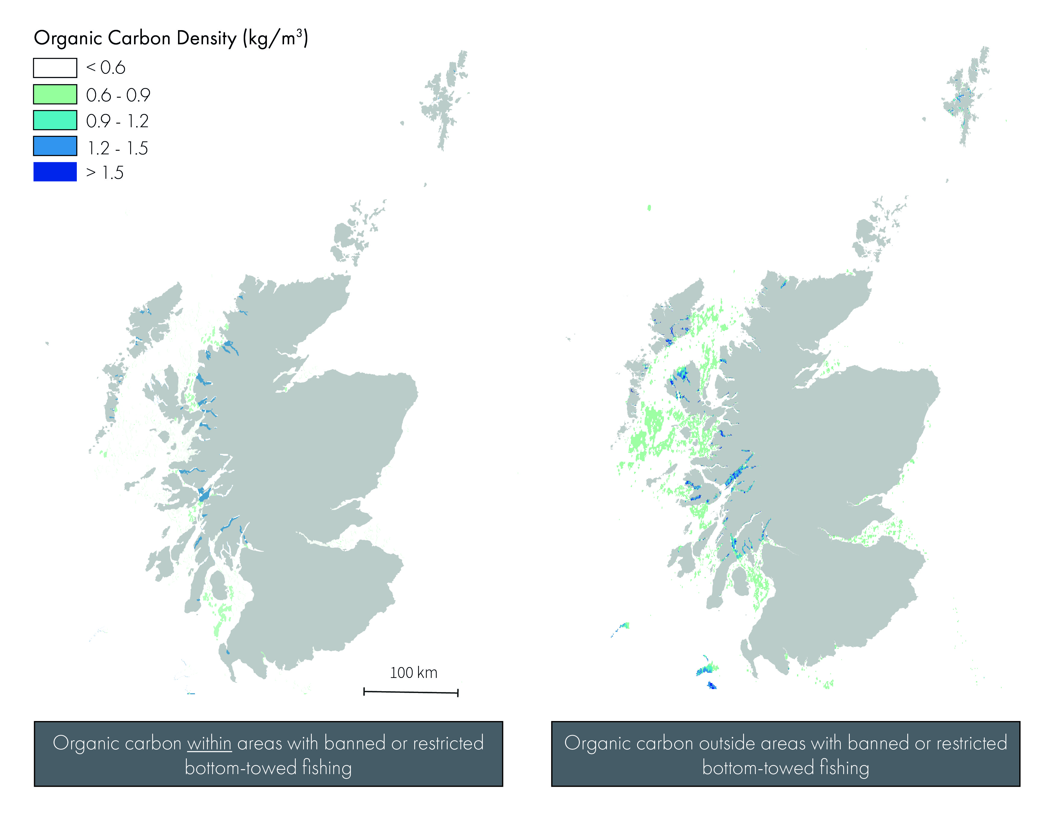 Two maps of Scotland showing organic carbon densities (measured in kg per cubic metre) in and not in areas with banned or restricted bottom-towed fishing.