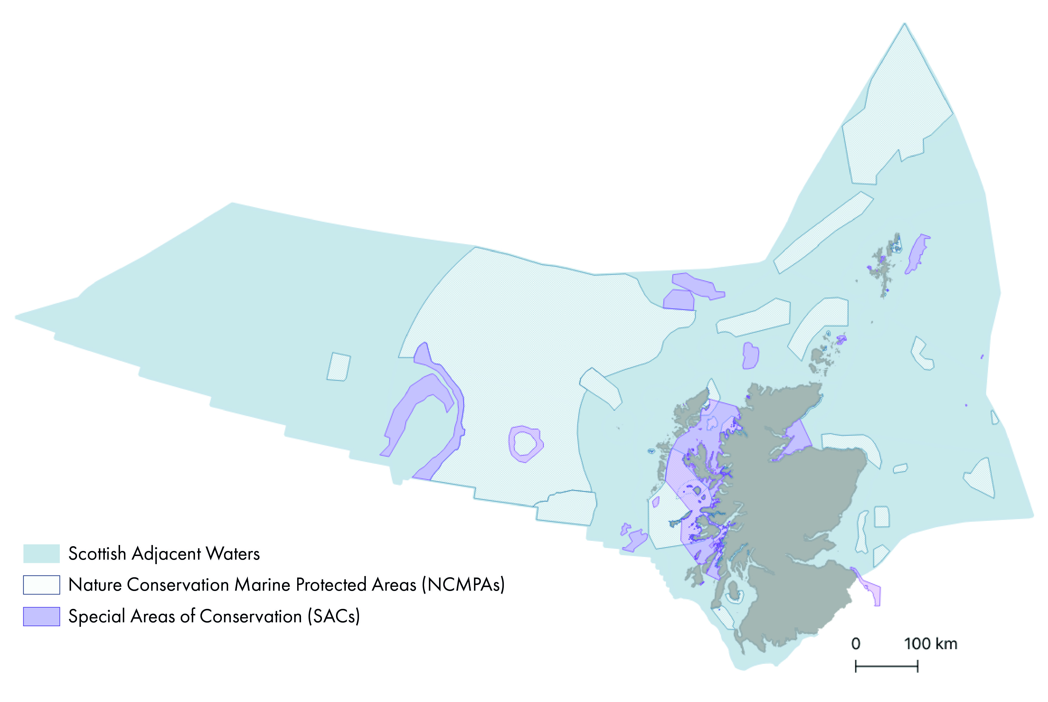Map of Scottish Adjacent waters showing regions designated as Nature Conservation Marine Protected Areas and Special Areas of Conservation (SACs).