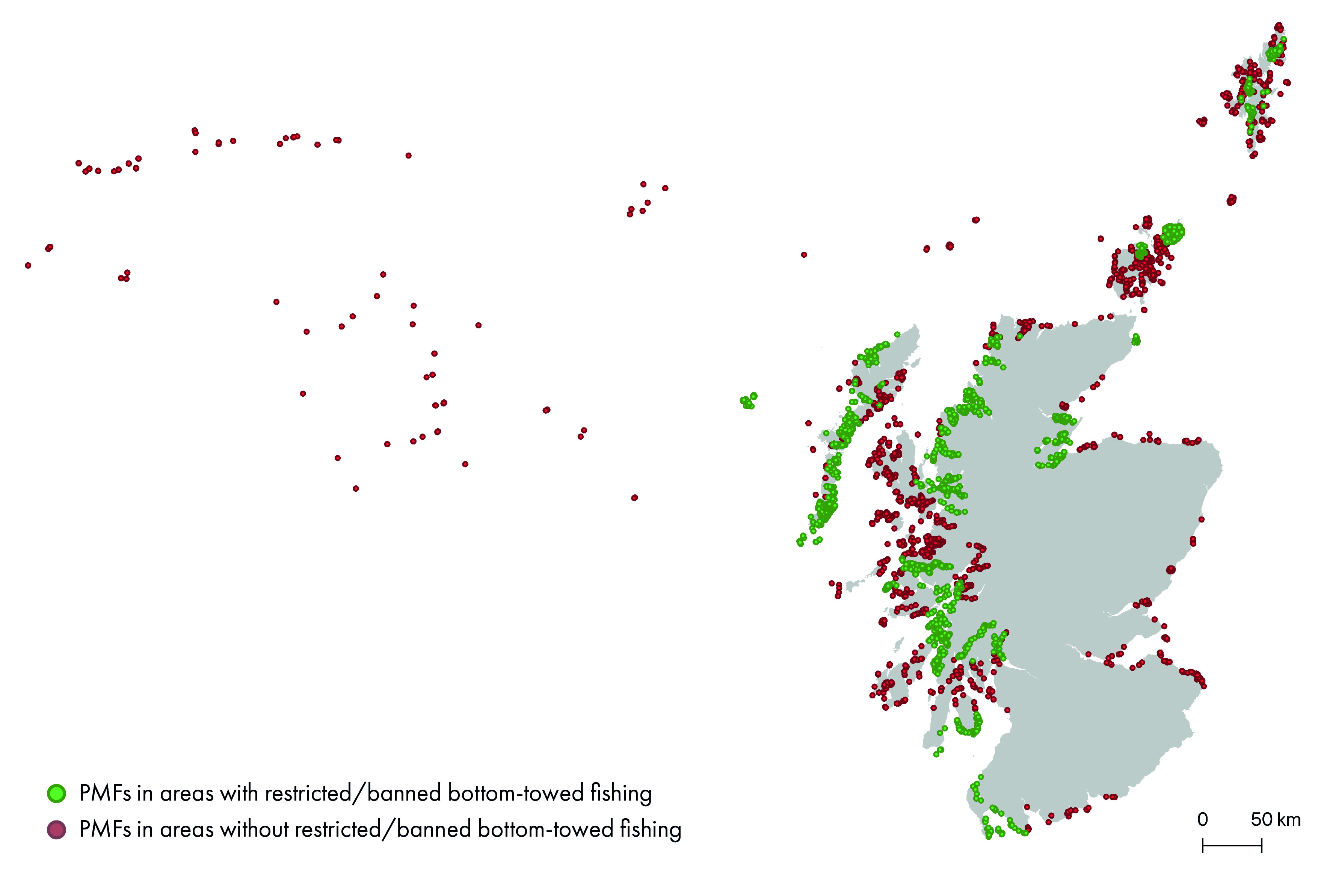 Map of Scotland's seas showing Priority Marine Features (PMFs) in areas where bottom-towed fishing is restricted in green, and in areas where trawling/dredging is not restricted in red. Alongside is an inset map, with a higher resolution showing the type of PMFs which are not in region with restrictions/bans on bottom-towed fishing - indicating that a high proportion of kelp beds are in regions without restrictions on bottom-towed fishing.