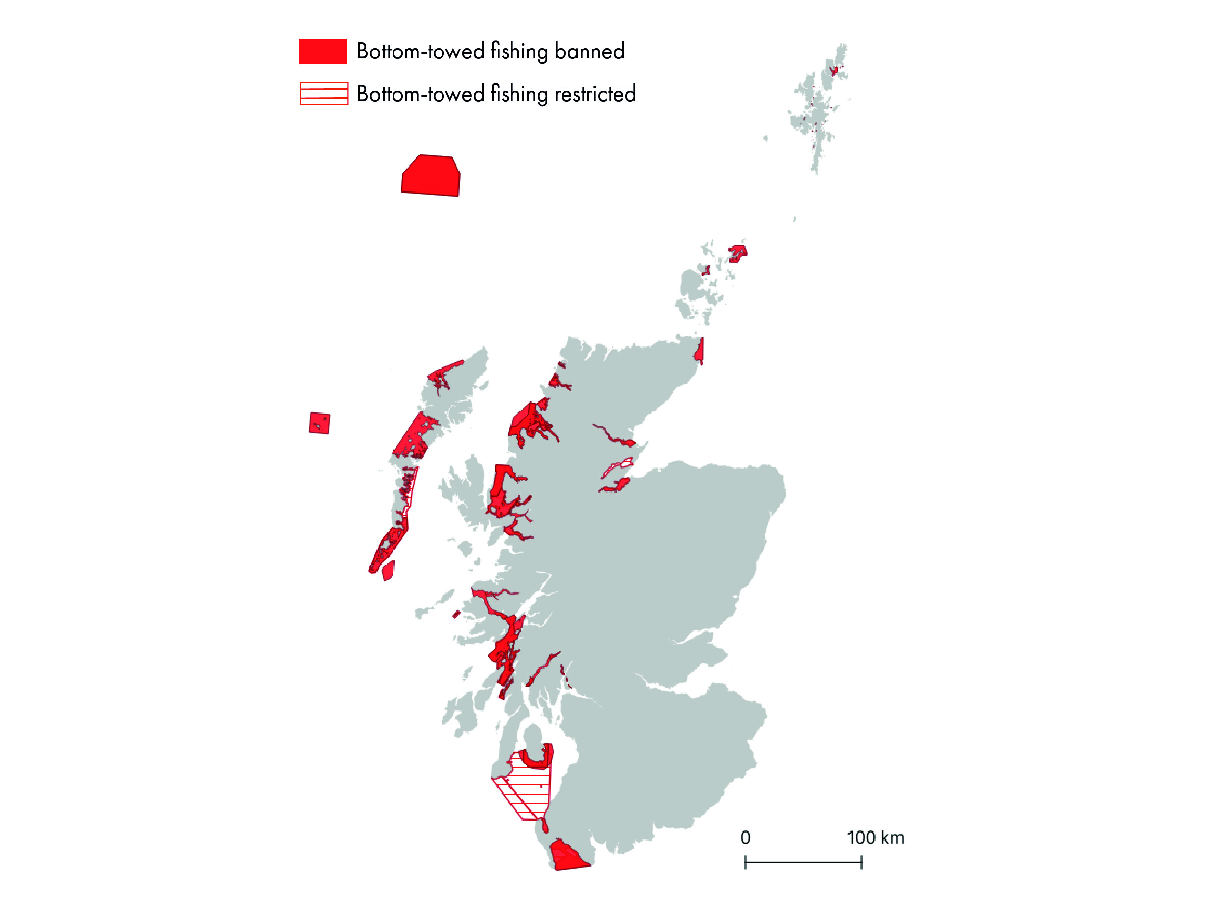 Map of Scotland showing inshore regions with restrictions or bans to trawling and/or dredging