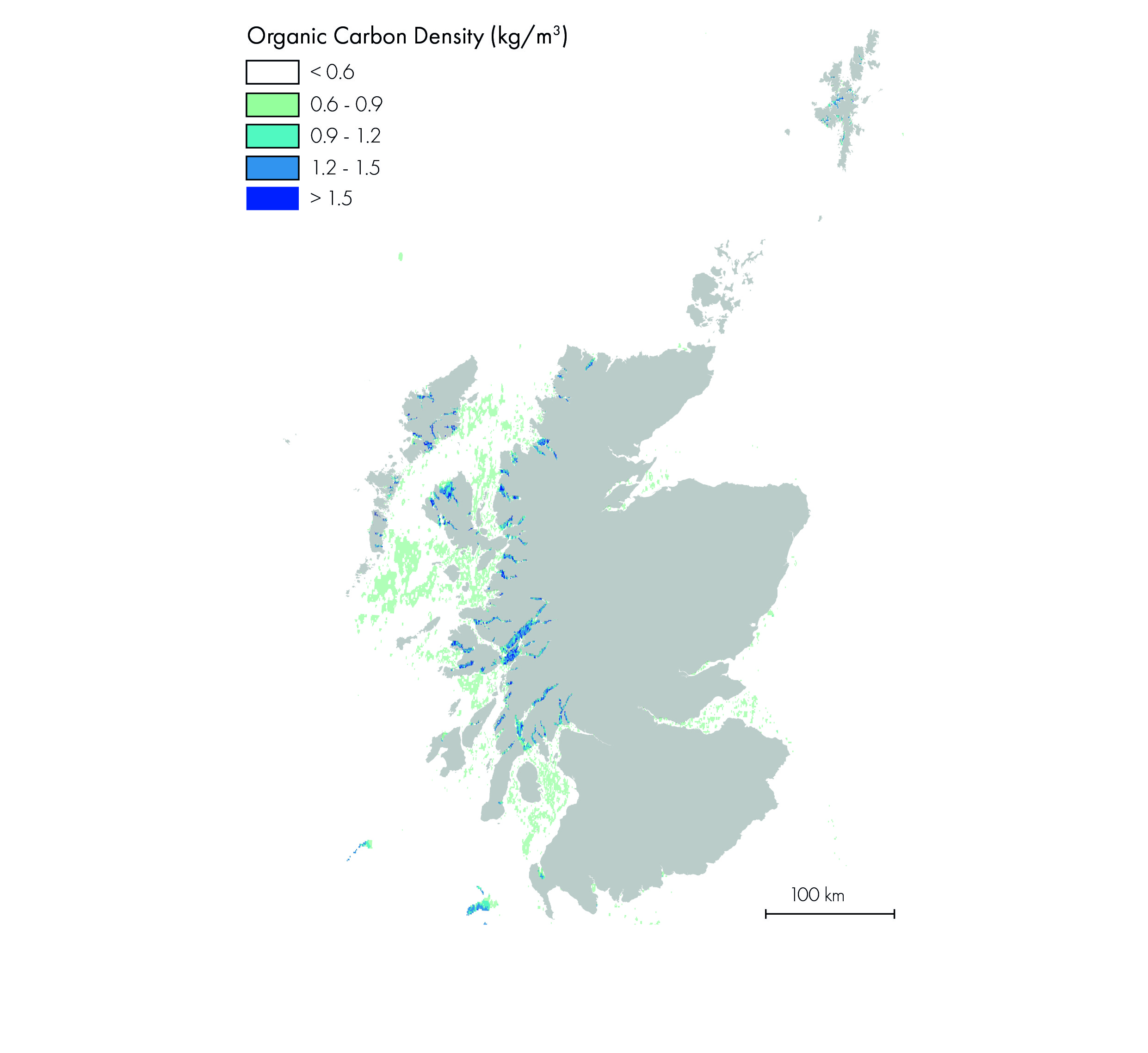 Map of Scotland and Scotland's seas showing the density distribution of organic carbon, with greatest densities (greater than 0.9 kg per cubic metre organic carbon) shown in the inshore regions of the western coast.