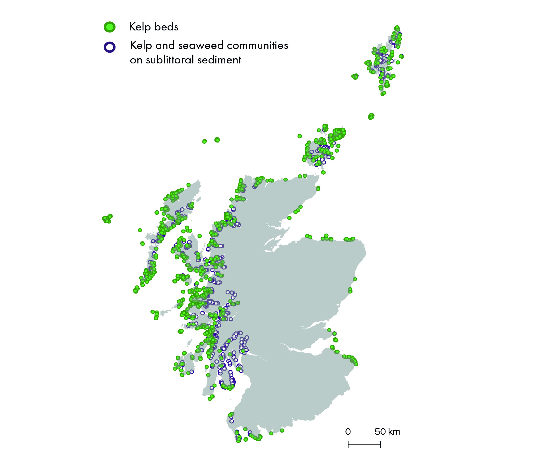 Map of Scotland showing points where records of kelp beds and kelp and seaweeds on sublittoral sediment have been observed in the Geodatabase of Marine features adjacent to Scotland (GeMS) (V9i25).