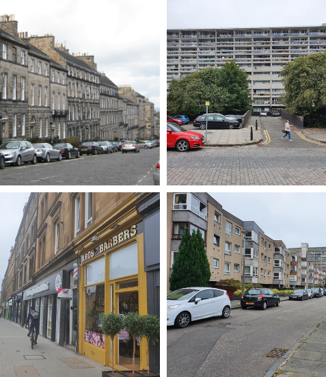 Four urban photo images showing different types of buildings containing flats