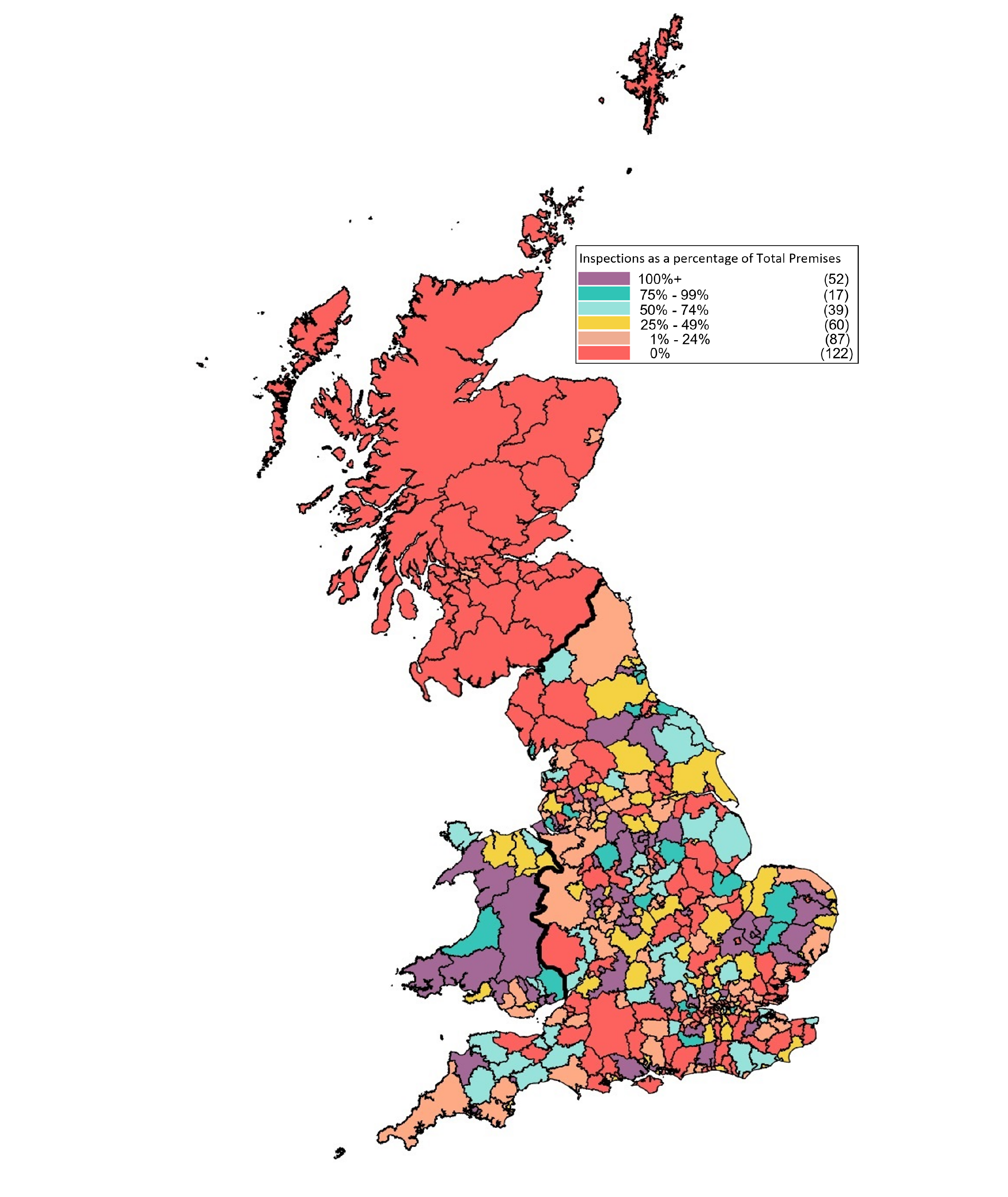 A map of local authority areas across Britain, showing that few compliance visits took place in 2018-19 in Scotland compared to England or Wales