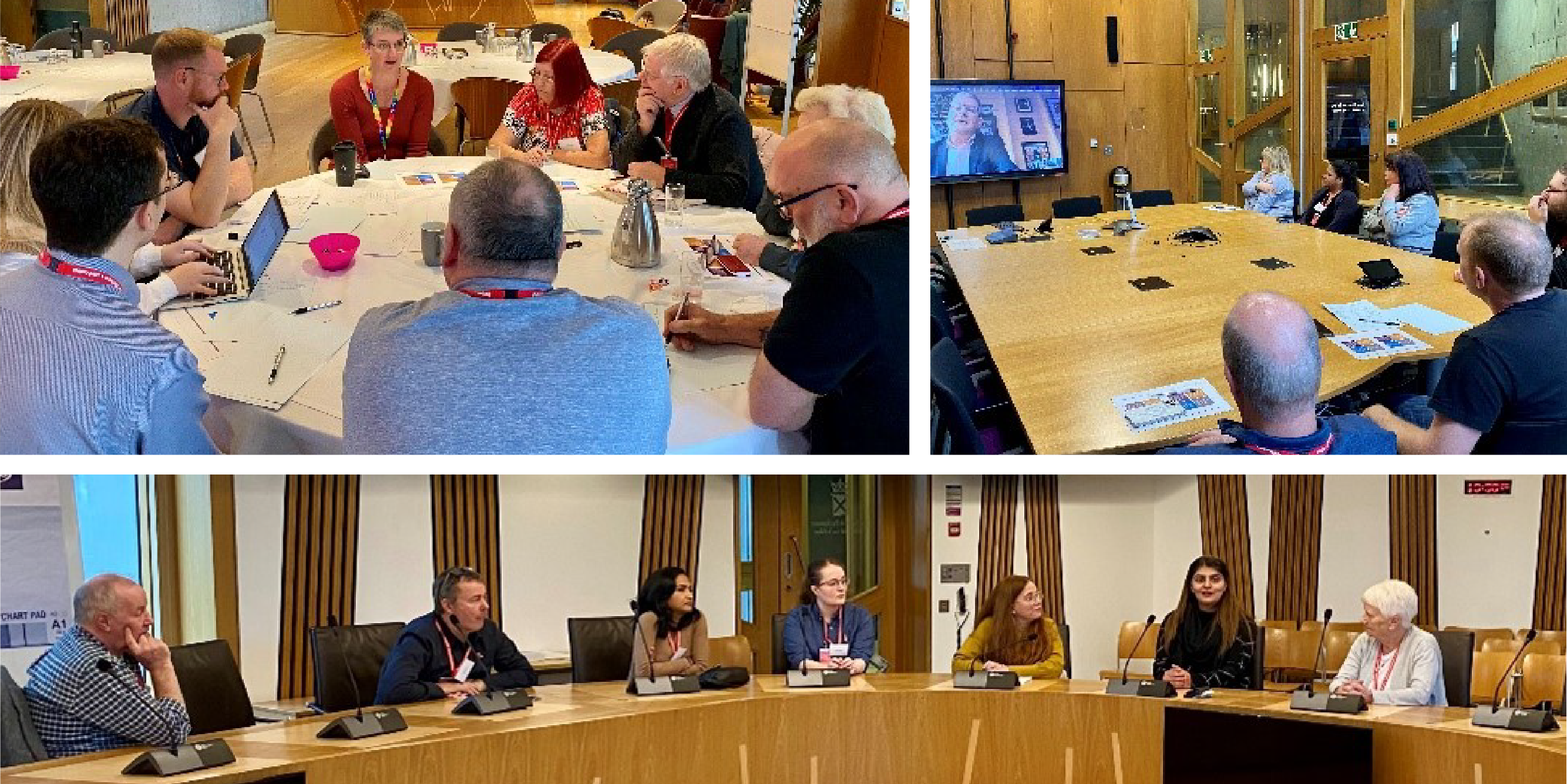 Three photos of the Citizens' Panel talking with three Members of the Scottish Parliament. One photo features a conversation taking place around a large Committee room table; another shows the Panel speaking to an MSP around a small conference table; the final photo shows the panel communicating with the MSP via video link with the panel members talking with the MSP who is displayed on a large screen.