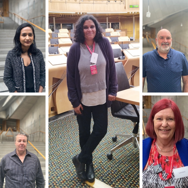 Five members of the Citizens Panel on Participation in the Scottish Parliament, in the Scottish Parliament building.